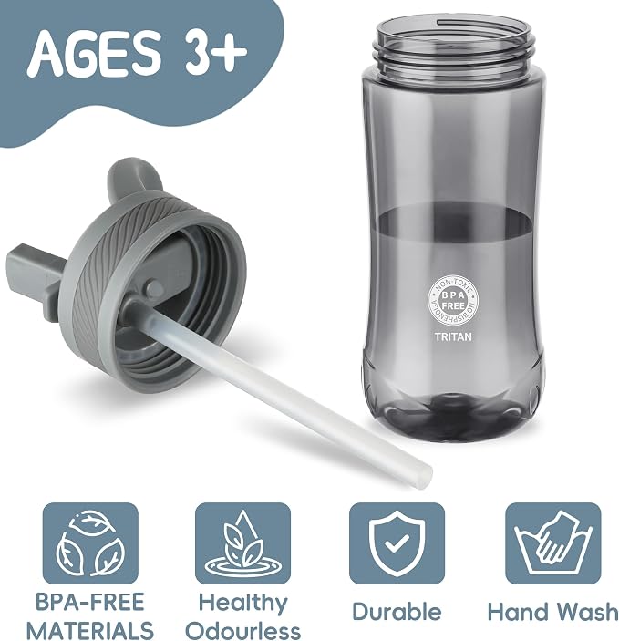 14oz Clear Kids Water Bottle with Straw Lid, BPA-Free Tritan, Measurement Scale, Sturdy Handle Wide Mouth Leak-proof Reusable Plastic Bottle for Boy& Girls, Back to School(Gray)
