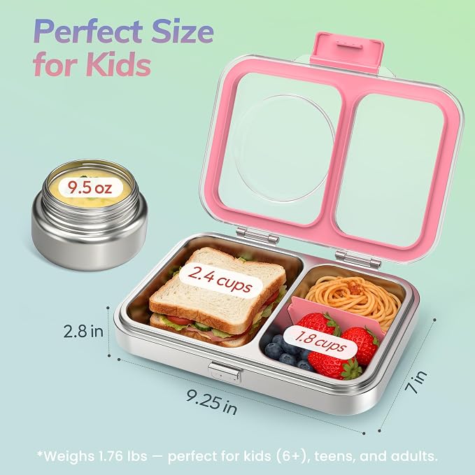 HOMEKOL Stainless Steel Bento Lunch Box + 9.5oz Insulated Food Jar, Pink | 2-Compartment Leak-Proof Container for Kids & Adults, BPA/BPS-Free, 18/8 Metal, Dishwasher Safe, Clear Tritan Lid
