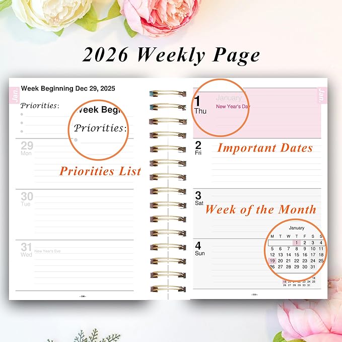 2026 Weekly and Monthly Planner, From January 2026 to December 2026, 5.5" x 8.5" Daily Planner for Productivity, Goal Setting & Time Management, Organizer for Work & School - Blue Hard Cover