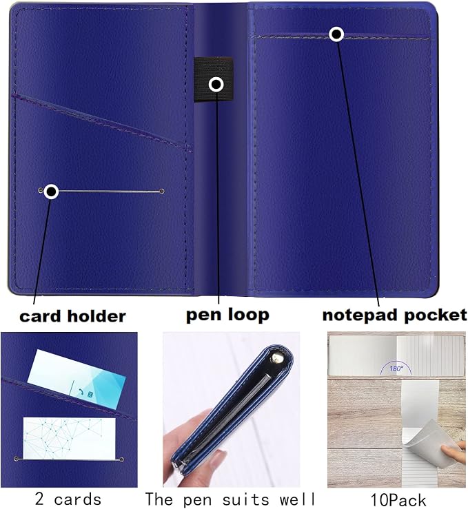13 Pieces Mini Pocket Notepad Set,Included Leather Pocket Note pad Holder,10 Pack 3×5 Inch Small Notebook Refills,Writing Pads with 30 Lined Paper Per,2 Metal Ballpoint pens,Pocket Notebook(Navy Blue)