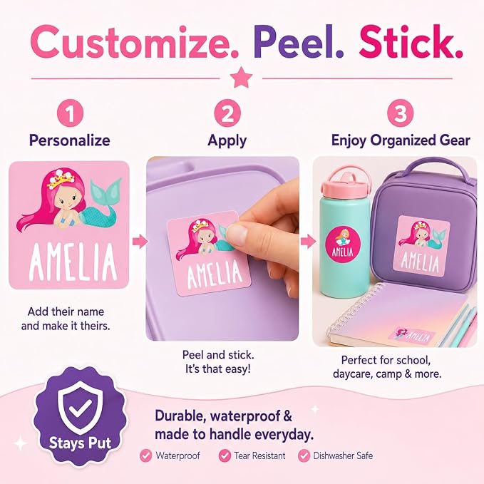 Andaz Press Mermaid 120-Pack Custom Personalized Waterproof School Name Labels, Kids Labels Combo Pack, Customizable Multi-Use Name Stickers