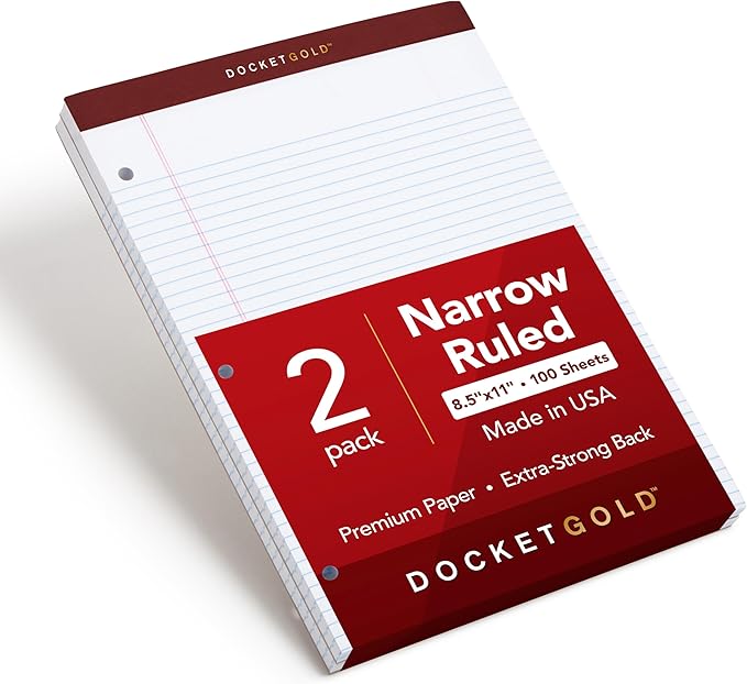 TOPS Docket Gold Writing Pads, 8-1/2" x 11-3/4", Narrow Rule, 3-Hole Punched, White Paper, 100 Sheets, 2 Pack (99706)