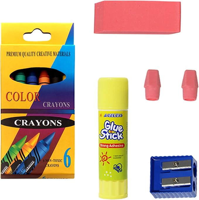 18 Piece Bulk School Supplies Kit for K-12 - Essential Box of School Supplies for Elementary, Middle, and High School Students - Pens, Pencils, Crayons