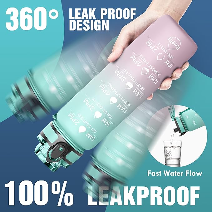 OLDLEY Water Bottle, 32oz Motivational Sports Water Bottle with Time Marker - Times to Drink - Tritan, BPA Free, Wide Mouth Leakproof, Anniversary Birthday Gifts for Men Women,Bubble Gum (1 Bottle)