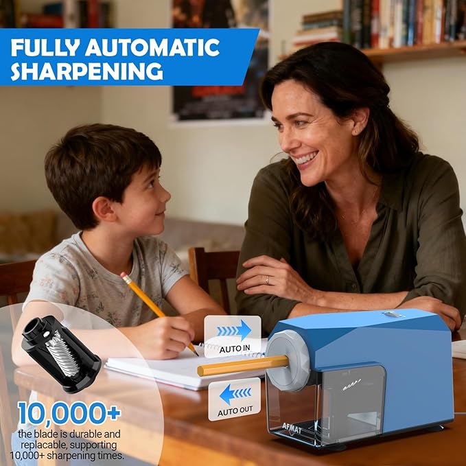 AFMAT Electric Pencil Sharpener, Fast & Hands-Free, 10K+ Uses, 5 Nibs, Fully Automatic Pencil Sharpener for Classroom, Heavy Duty Sharpeners for No.2/Jumbo/Colored Pencils (6.5-10.5mm) US Plug(120V)