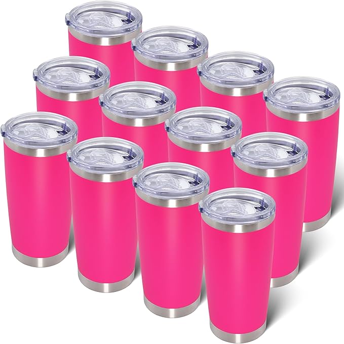 AIANJI 20oz Tumbler Bulk Stainless Steel Tumblers with Lid Vacuum Insulated Double Wall Travel Coffee Mug Powder Coated Tumbler Cup for Hot and Cold Drinks(Hot Pink, 12 pack)