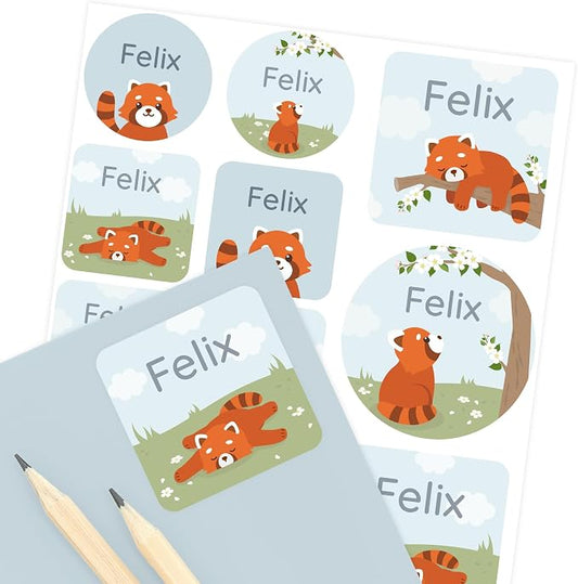 Camp Name Labels for Kids (33) – Custom Waterproof Stickers for Water Bottles, Lunch Boxes, Daycare & School with Unique Designs - Red Panda