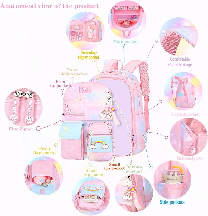 Jcobvig Rainbow Backpack For Girls Kids,Cute Student School Backpack With Pen Bag,Aesthetic Starry Rainbow Laptop Travel Bag