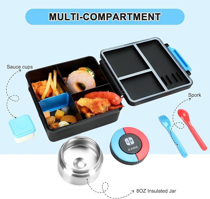 Gamer Bento Lunch Box for Kids, 60 OZ Kids Lunch Box with 8 OZ Leakproof Stainless Steel Insulated Food Jar, 3-4 Compartments Bento Box for School, Includes Sauce Cup & Divider (Blue-Red-A)