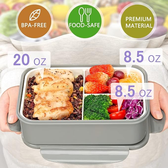 LOVINA Bento Box for Adults-1100ML Bento Lunch Box Container For Kids Teens | Built-in Spoon & Fork - Durable Perfect Size for On-the-Go Meal, BPA-Free and Food-Safe Materials(Grey)