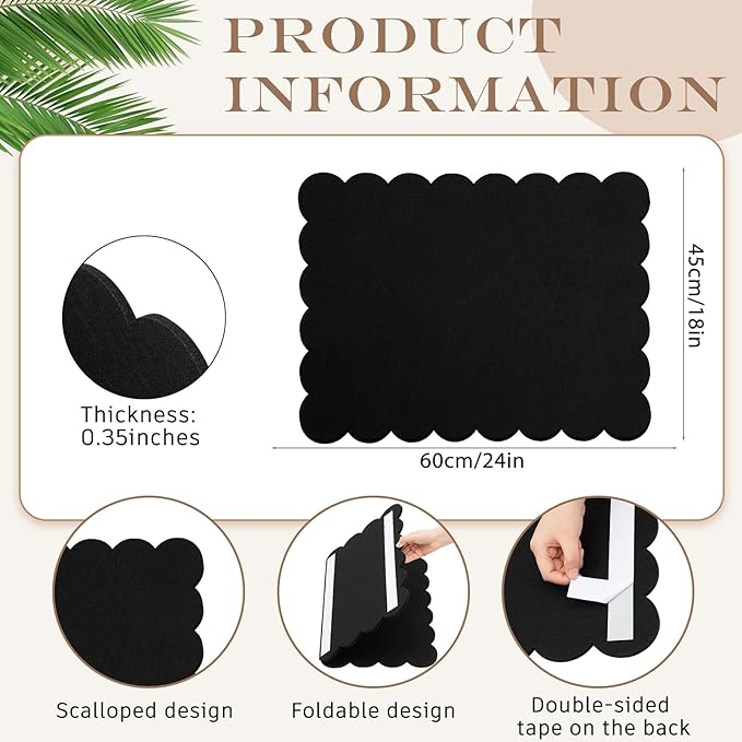 Mooliwe Scalloped Felt Bulletin Board 24 x 18 Inches Foldable Black Pin Cork Board Alternative for Wall, 2' x 1.5' Trifold Picture Vision Self Adhesive Bulletin Decorative