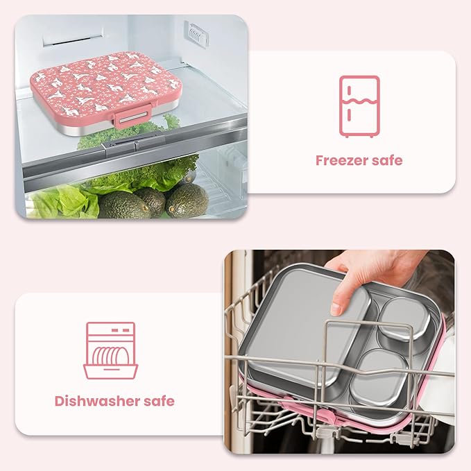 LOHASOK Stainless Steel Kid Lunch Box, Leak-Proof with free sealing Bento Box 3 Compartments Pink Girl