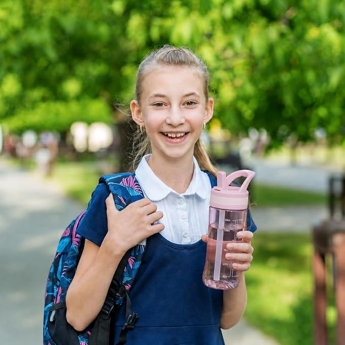 14oz Clear Kids Water Bottle with Straw Lid, BPA-Free Tritan, Measurement Scale, Sturdy Handle Wide Mouth Leak-proof Reusable Plastic Bottle for Boy& Girls, Back to School(Pink)