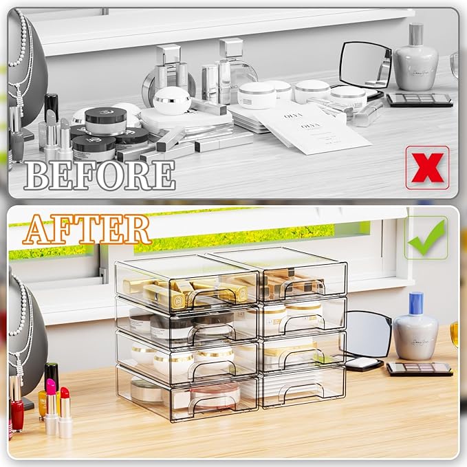 Yieach 2.2'' High Small Clear Stackable Storage Drawers,4 Pack Desk Organization and Storage Bins,Plastic Office Supply Organizer,Acrylic Drawer Storage Organizer for Makeup,Accessory,Pen,Art Crafts