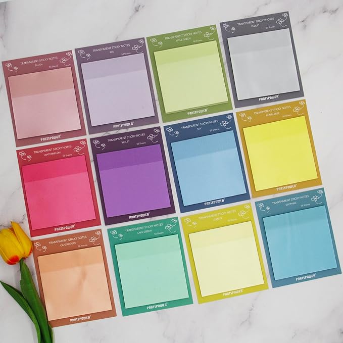 PARTSPOWER Super Transparent Sticky Notes, Jewel Tones 3X3 Inch 12 Packs See Through Annotating Sticky Notes for Annotating, Bible Study Supplies, Office School Supplies, 3 Sets 12 Pads