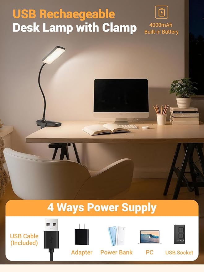 Clip on Light,9 Brightness+5 Colors Rechargeable Lamp,4000mAh Battery Powered Lamp,450 Lumen 48 LED Desk Lamp with Clamp,Cordless & Wireless Lamp,Reading Light for Bed/Headboard/Table/Dorm/Home Office