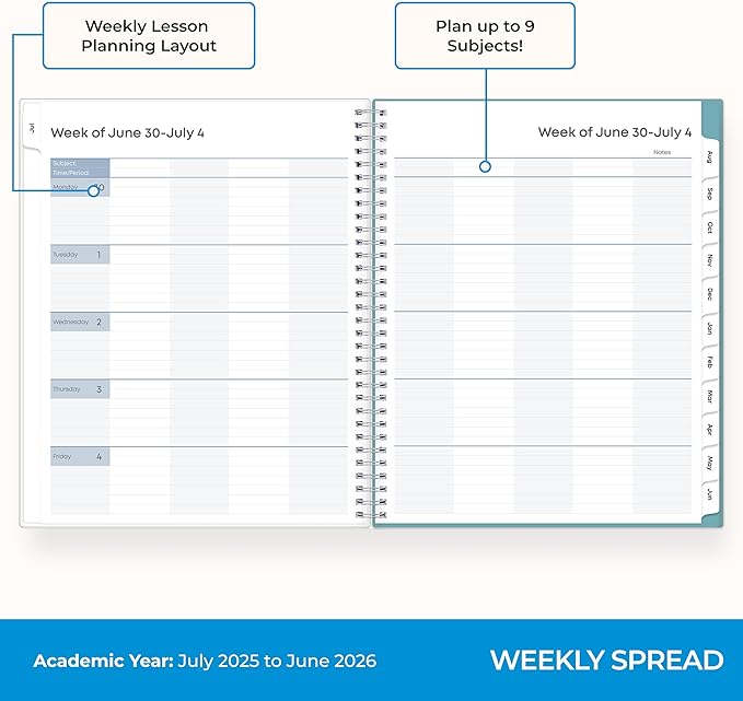Blue Sky 2025-2026 Weekly and Monthly Academic Year Teacher Lesson Planner Calendar, July 2025 - June 2026, 8.5" x 11", Flexible Cover, Wirebound, Laminated Tabs, Storage Pocket, Dots