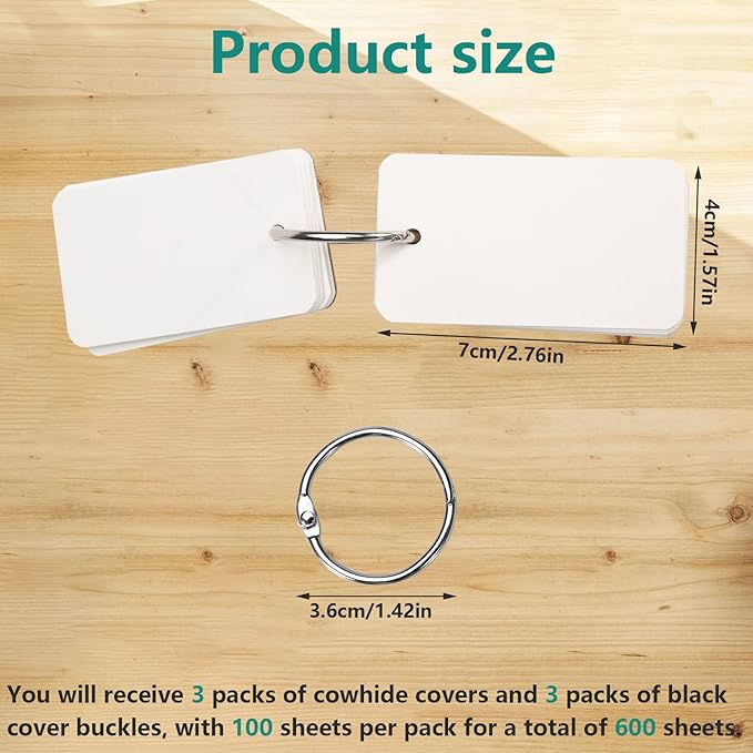 ASTIMESA Blank Flash Index Cards with Rings & Covers, 2.7 x 1.5 Inch White Flashcards for Studying, Small Paper Study Note Cards Memo Pads for School Learning Language Game (600 Pcs)