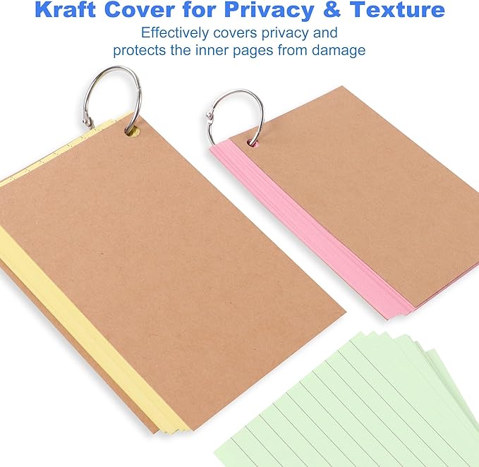 JUNART 300 PCS Index Cards, 6 Colours × 50 Sheets Kraft Cover Sturdy and Long-lasting, With 6 Key Binder Rings for Easy Carrying, Suitable for Study and Office Use