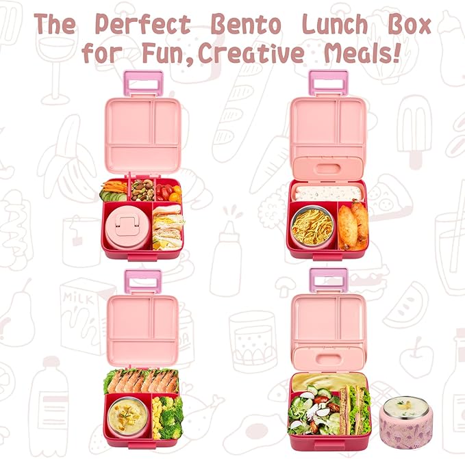 JXXM Bento Lunch Box for Kids with 8oz Soup Thermo,Leak-Proof Lunch Containers with 5 Compartment,Thermo Food Jar Food Containers for School (Pink-Jellyfish)