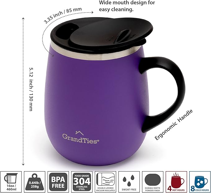 GRANDTIES Insulated Coffee Mug with Handle–Sliding Lid for Splash-Proof 16oz Wine-Glass Shape Thermal Tumbler with Double Walled Vacuum Stainless Steel to Keeps Beverages Hot or Cold-Sparkling Grape
