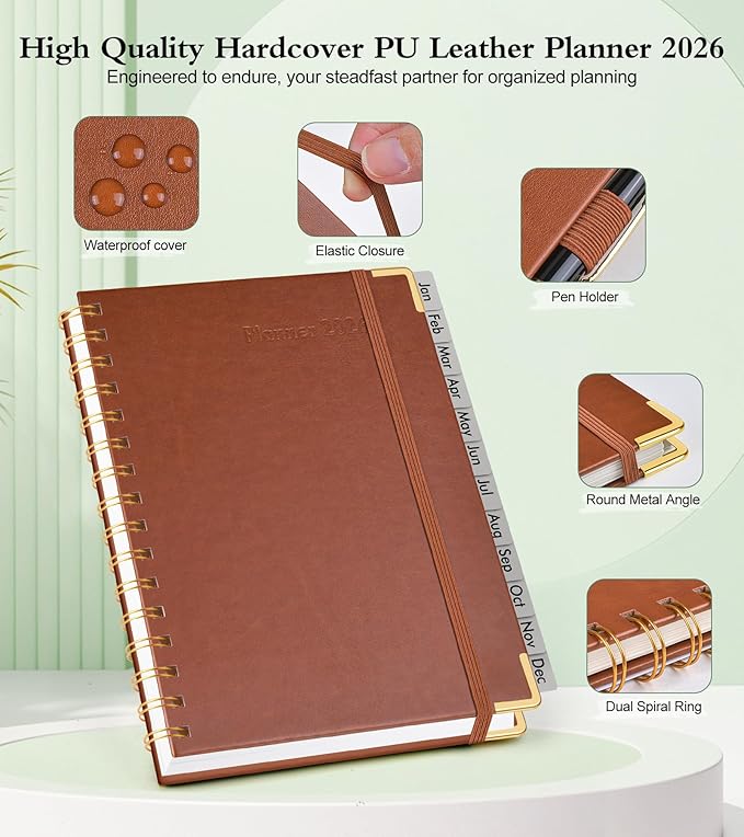 2026 Planner, Hardcover Leather Weekly and Monthly Planner, January 2026 - December 2026, Spiral Yearly Agenda Organizer Book 2026 with Tabs, Daily Calendar Planners for School Work Home, A4 (8.5" x 11"), Brown