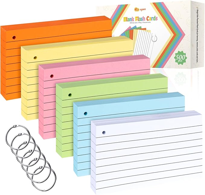 Agoer 500PCS Index Cards with Ring,3 x 5 Inches Flash Cards,Punched Lined Flashcards,Heavy Study Note Card,Vocabulary Cards,Colored Ruled Note Cards for Office,School,Home,Learning,College