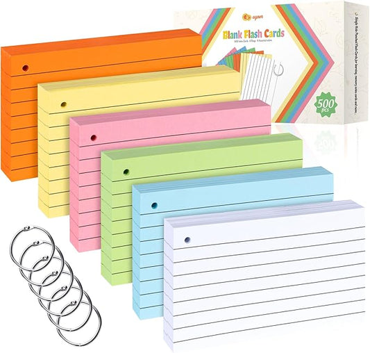 Agoer 500PCS Index Cards with Ring,3 x 5 Inches Flash Cards,Punched Lined Flashcards,Heavy Study Note Card,Vocabulary Cards,Colored Ruled Note Cards for Office,School,Home,Learning,College