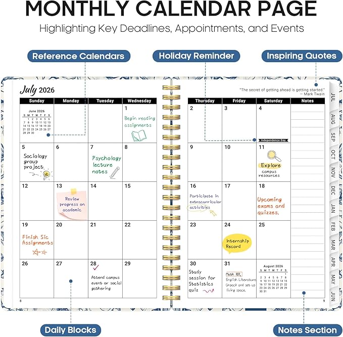 Planner 2026–2027, Weekly & Monthly Academic Organizer for School Year, Jul 2026–Jun 2027, Hardcover Planner with Tabs, Back to School Essential, 8.5" x 11", Porcelain Bloom