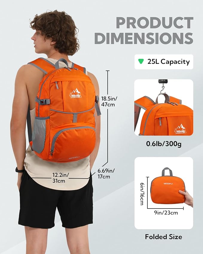 WATERFLY Hiking Packable Daypack Backpack: 25L Ultra Lightweight Day Pack for Women Men - Small Compact Folding Back Pack for Outdoor Sport Cycling Camping Travel Trip - Orange