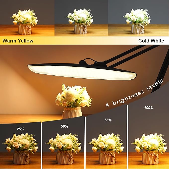 20 Inch LED Desk Lamp with Clamp, 20W 2200 Lumens, 4 Bightness Levels 3 Color Temperatures, Eye-Caring Working Reading Lamp(White, CCT)