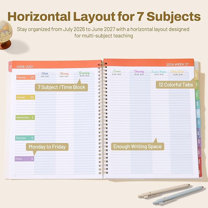 SUNEE Teacher Planner 2026-2027 Academic Year, 7 Periods Lesson Plan Book Jul 2026 - Jun 2027, 8.5"x11"Daily Weekly Monthly Organizers Horizontal Layout with Calendars, Bookmark, Tabs, Colorful Pen