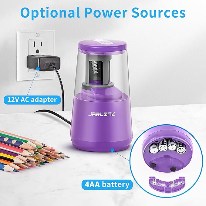 JARLINK Electric Pencil Sharpener, Heavy-Duty Helical Blade to Fast Sharpen, Auto Stop for No.2/Colored Pencils(6-8mm), AC Adapter/Battery Operated in School Classroom/Office/Home (Purple)