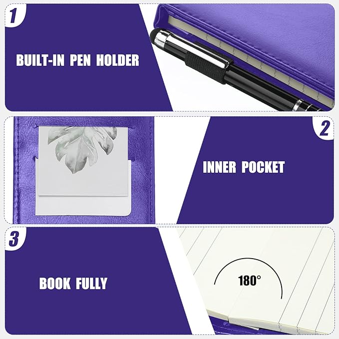 Outus 10 Pcs Mini Pocket Notepad Holder Set Included Small Leather Pocket Notebook Holder with 50 Lined Sheets, Metal Pen, 8 Pcs 3 x 5 Inch Memo Book Refills, 30 Lined Paper Per Note Pad (Purple)