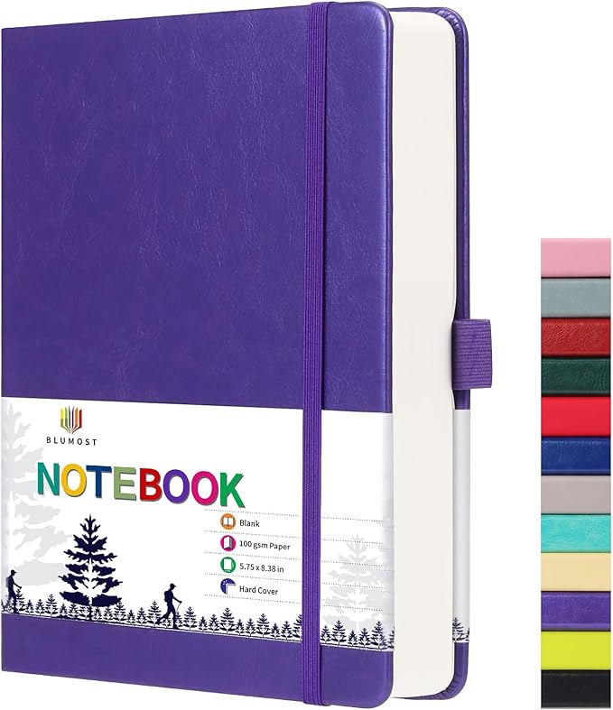 Blank Paper Notebook - 280 Pages A5 Blank Journal Notebook with 100gsm Thick Blank Paper, Hardcover, PU Leather, 5.75'' × 8.38''-Purple