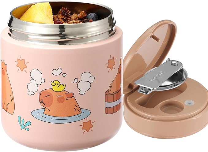 15.2oz Kids Thermo for Hot Food – Vacuum Insulated Food Jar with 316 Stainless Steel Interior, Leakproof Wide Mouth Soup Thermos for School Lunch (Capybaras Pink)