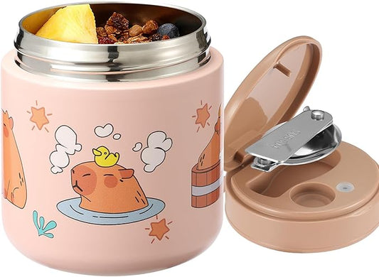 15.2oz Kids Thermo for Hot Food – Vacuum Insulated Food Jar with 316 Stainless Steel Interior, Leakproof Wide Mouth Soup Thermos for School Lunch (Capybaras Pink)
