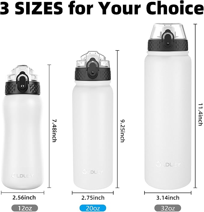Oldley Insulated Water Bottle 20oz Water Bottles with Straw, Stainless Steel Water Bottle with 3 Lids, Double Wall Vacuum Bottles for Adult Kids, Sports Bottles for School Travel,White