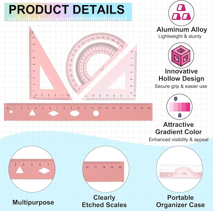 PATIKIL Geometry Set, 2 Pack 8 Inch Aluminum Ruler & 4 Triangles, Metal Protractor Ruler Math Drafting Measuring Tool for Home Office Math Drawing Engineering Art,Gradient Pink