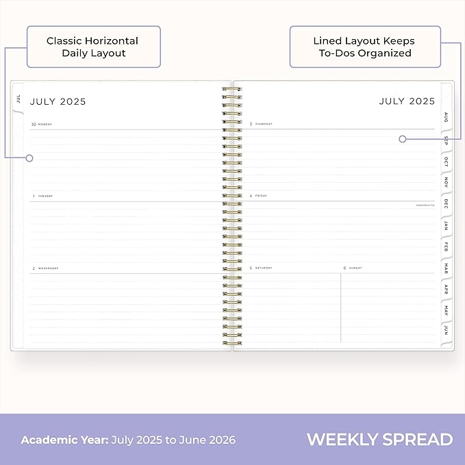 Blue Sky Ashley G 2025-2026 Weekly and Monthly Academic Year Planner Calendar, July 2025 - June 2026, 8.5" x 11", Flexible Cover, Wirebound, Laminated Tabs, Multi Color Smoke