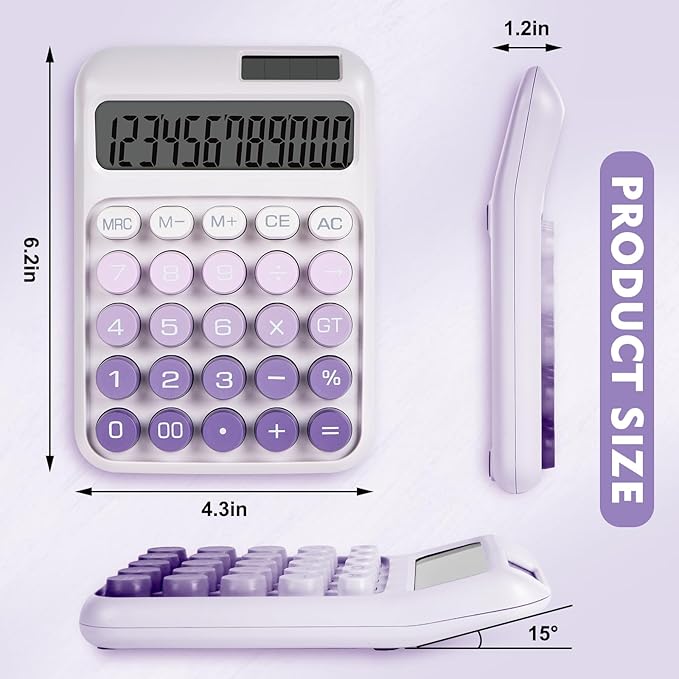 Mechanical Switch Calculator with Big Buttons, Calculators Desktop, 12 Digits, Solar Battery Power, Desk Calculator,Large LCD Display,Cute Purple Calculators for Teachers Students Basic Office