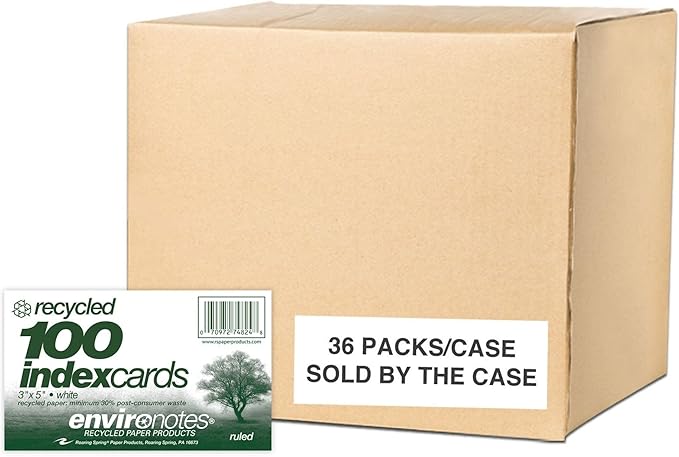 Roaring Spring Recycled Index Cards 3" x 5", 100 Per Pack, Smooth 100 lb White Recycled Index Paper, Ruled on Front, Blank on Back (Case of 36 Packs)