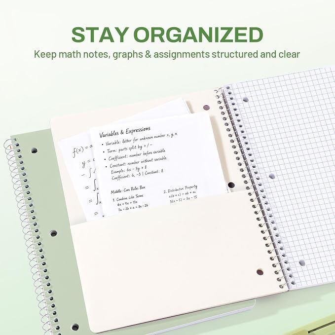 SUNEE Spiral Notebook, 1-Subject, Graph Ruled Paper, 8" x 10-1/2", 100 Sheets per Notebook, 3-Hole Punched Paper, Water Resistant Cover, Spiral Grid Notebooks for Work, Home, School, Writing, Green