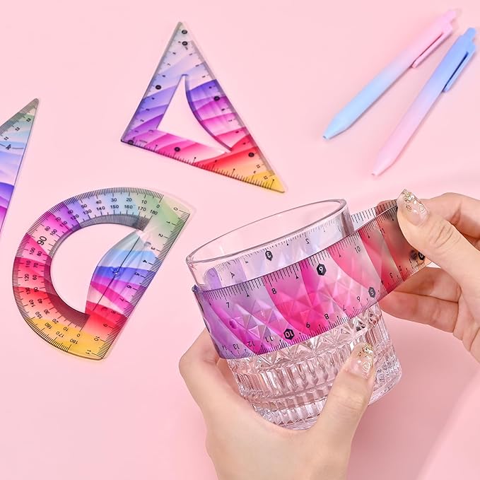 4 Pcs Flexible Rulers Set, Colorful Geometry Kit, Plastic Bendable Shatterproof Soft Rulers, Clear Ruler 30 cm/ 12 Inch, Triangle Rulers and Protractor for Back to School Supplies (12 Inch)