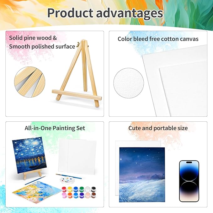 16 Pack 8 * 10In Canvas Boards for Painting, Art Canvas for Drawing with 32 Brushes & 16 Paint Trays & 32 Acrylic Paint, Mini Painting Canvas with Easel Set, Painting Kits for Adults Party