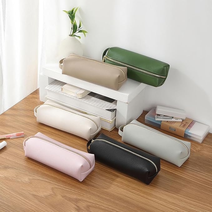 Pencil Case Soft School Pencil Pouch Bag for Easy Carry Stylish and Durable (Beige,Faux leather)