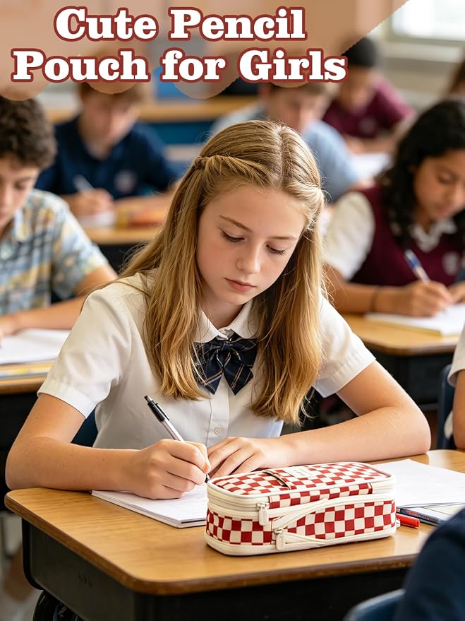 Bigmeta Gingham Expandable Pencil Case for Teens Girls - Caramel | Zipper Gusset for Adjustable Capacity, Checkered Cute Pencil Pouch, Stationery Bag Box for Student Back to School Gifts