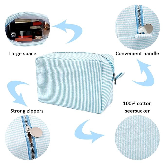 GFU Makeup Bag for Women, Cute Cosmetic Bag, Lightweight Toiletry Make up Bag, Large Seersucker Aesthetic Organizer Storage Pouch for Girls, Women and Moms Gifts, Lightblue