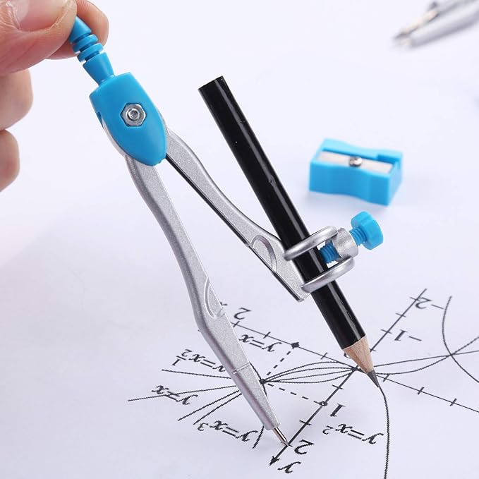 Vobou Math Geometry Kit Sets 10 Piece Student Supplies with Shatterproof Storage Box,Includes Rulers,Protractor,Compass,Eraser,Pencil Sharpener,Lead Refills,Pencil,for Drafting and Drawings（Blue）