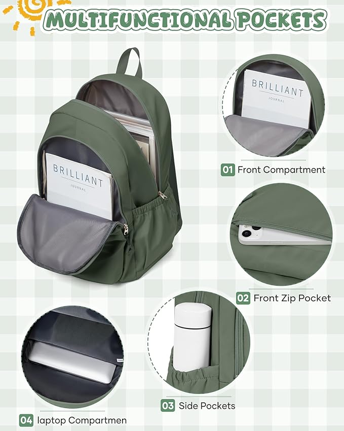 winspansy Backpack for School Teenage Girls Boys,Waterproof Lightweight School Bags Travel Daypack Simple Cute College Backpack Rucksack for Women Men fit 14 Inch Laptop,Army Green